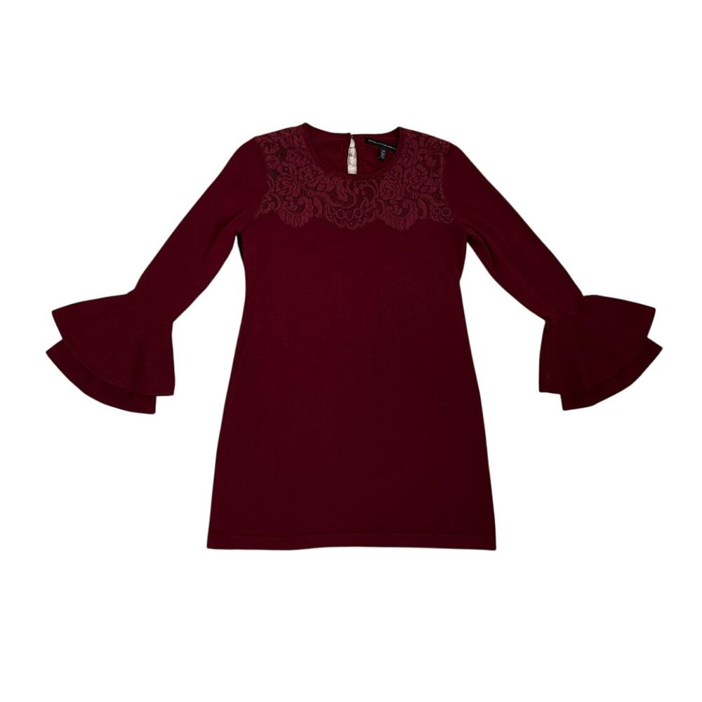White House Black Market Bell Sleeve Ruffle Feminine Lace Burgundy Blouse XS - Picture 3 of 5